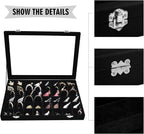 Velvet Jewelry Tray 48 Grid Jewelry Display Tray Organizer Box with Transparent Lid Rings Earrings Necklaces Pendants Display Box Suitable for Women and Girls (Black)