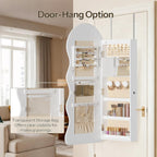 HOOBRO LED Mirror Jewelry Cabinet, Wall/Door Mounted Jewelry Organizer, Jewelry Aromire with Wavy Mirror Full Length, Lockable Cosmetics Storage Cabinet, Interior Mirror, 16.5" x 4.1" x 43.3", White