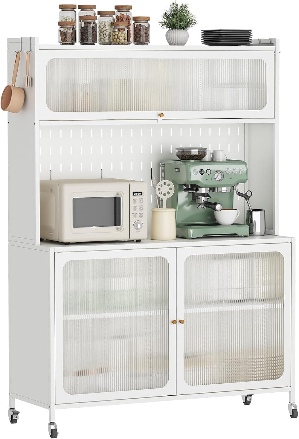 Kitchen Pantry Cabinet Tall Storage Cabinet with Glass Doors & Adjustable...