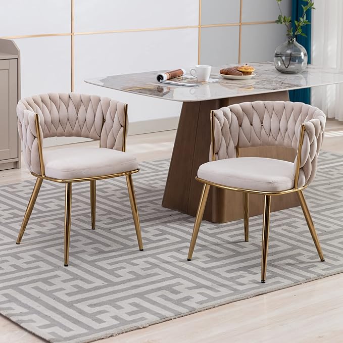 KCC Modern Velvet Dining Chairs Set of 6, Upholstered Living Room Chair with Woven Back and Golden Metal Legs, Mid-Century Accent Side Chair for Dining Room, Kitchen,Beige