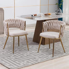 KCC Modern Velvet Dining Chairs Set of 4, Upholstered Living Room Chair with Woven Back and Golden Metal Legs, Mid-Century Accent Side Chair for Dining Room, Kitchen, Beige
