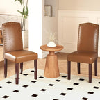 LSSBOUGHT PU Dining Chair Set of 2 Upholstered Parsons Kitchen Chair with Copper Nails and Solid Wood Legs for Dining Room,Restaurant(Brown)
