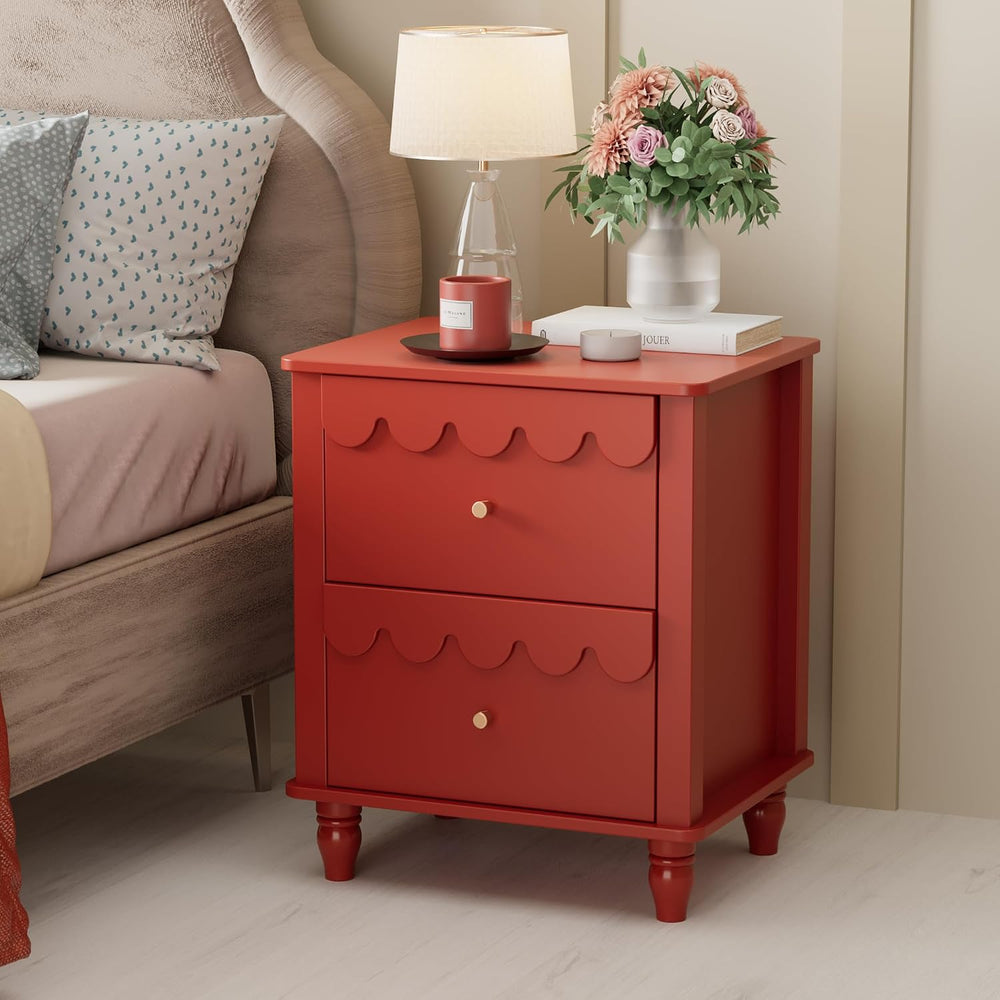 Anbuy Red Nightstand with Petal Pattern, Modern Night Stand with 2 Drawers fo...