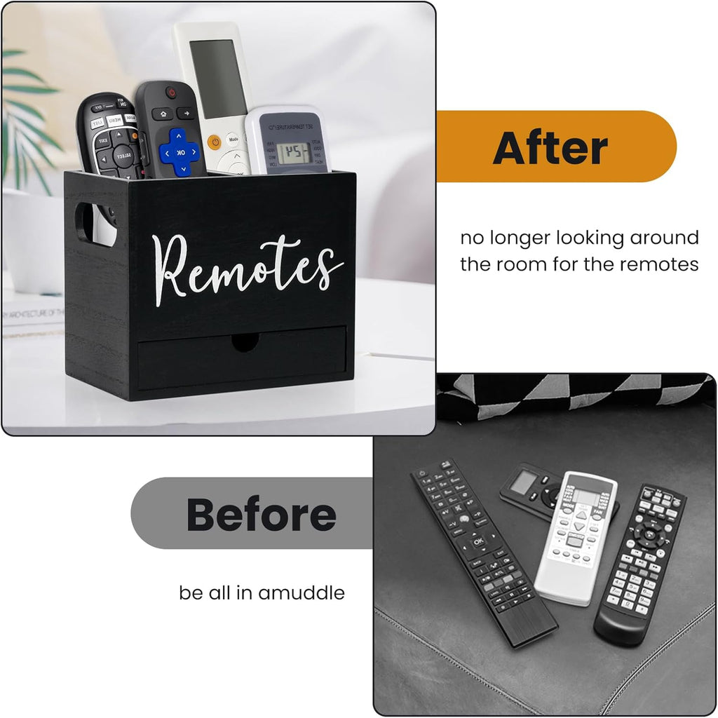Remote Control Holder, Wooden TV Controller Holder, Desk Organizer with 2 Compartment and Drawers for TV & Office Supplies, Ideal for Tabletop (Black)