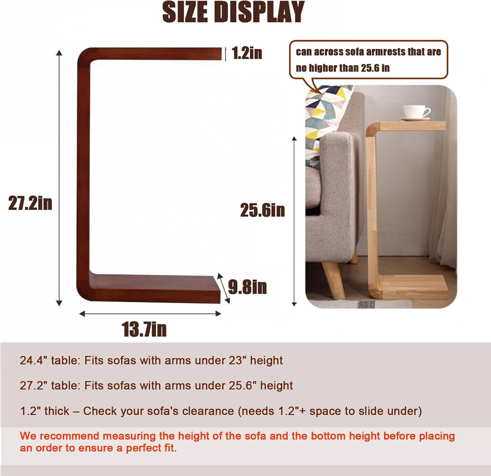 Solid Wood End Table for Couch, C Shaped Mini Sofa Side Table for Small Narro...