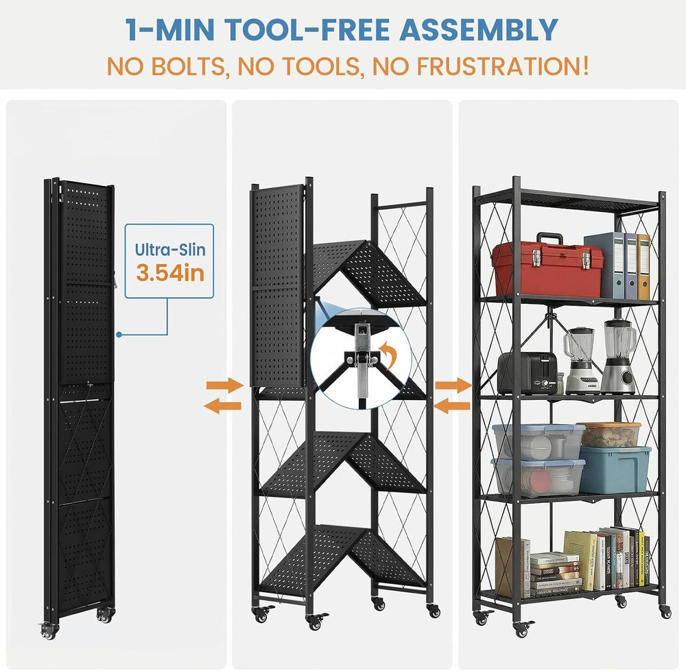 ALANNG 70.7" H Metal Storage Shelves, 5 Tier Folding Shelf on Wheels