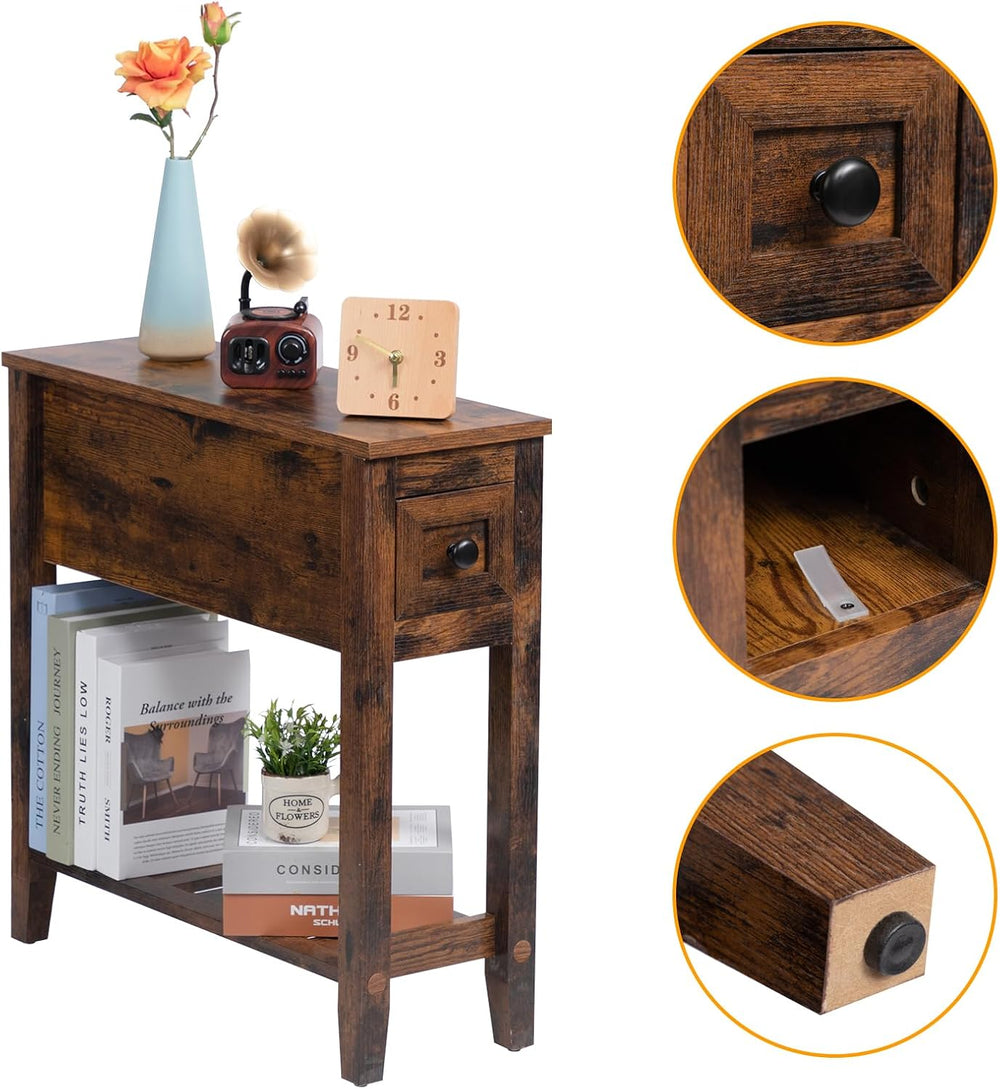 Brown Chairside Narrow End Table, Solid Wood Recliner Side Table with Drawer,...