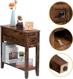 Brown 2 Pack Chairside Narrow End Table with Drawer, Solid Recliner Side Table with Storage Shelf, Slim Nightstand Bedside Table for Bedroom