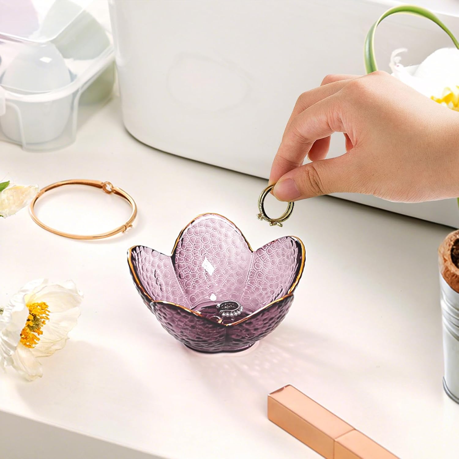 Purple Flower Jewelry Dish Glass Ring Holder Dish Jewelry Tray Cute Vanity Organizer Aesthetic Nightstand Bathroom Room Decor Trinket Dish Mothers Day Friendship Christmas Birthday Gifts for Women