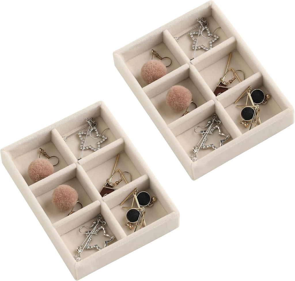 Frebeauty Small Jewelry Tray Set,Stackable Velvet Jewelry Organizer Tray,Mini Jewelry Drawer Organizer,Drawer Inserts,4.92 x 3.74 x 0.9 Inches,6 Grid Earring Organizer for Women(Set 2,Beige)
