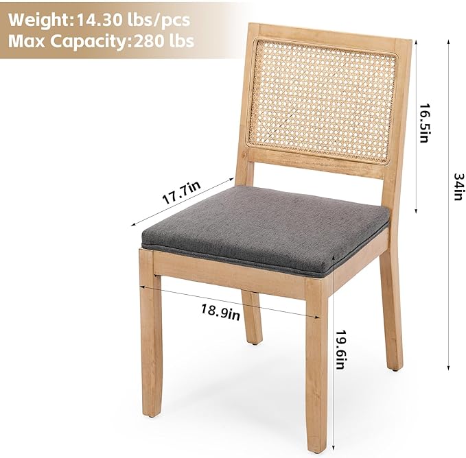 Rattan Dining Chairs Set of 2, French Country Cane Back Upholstered Kitchen C...