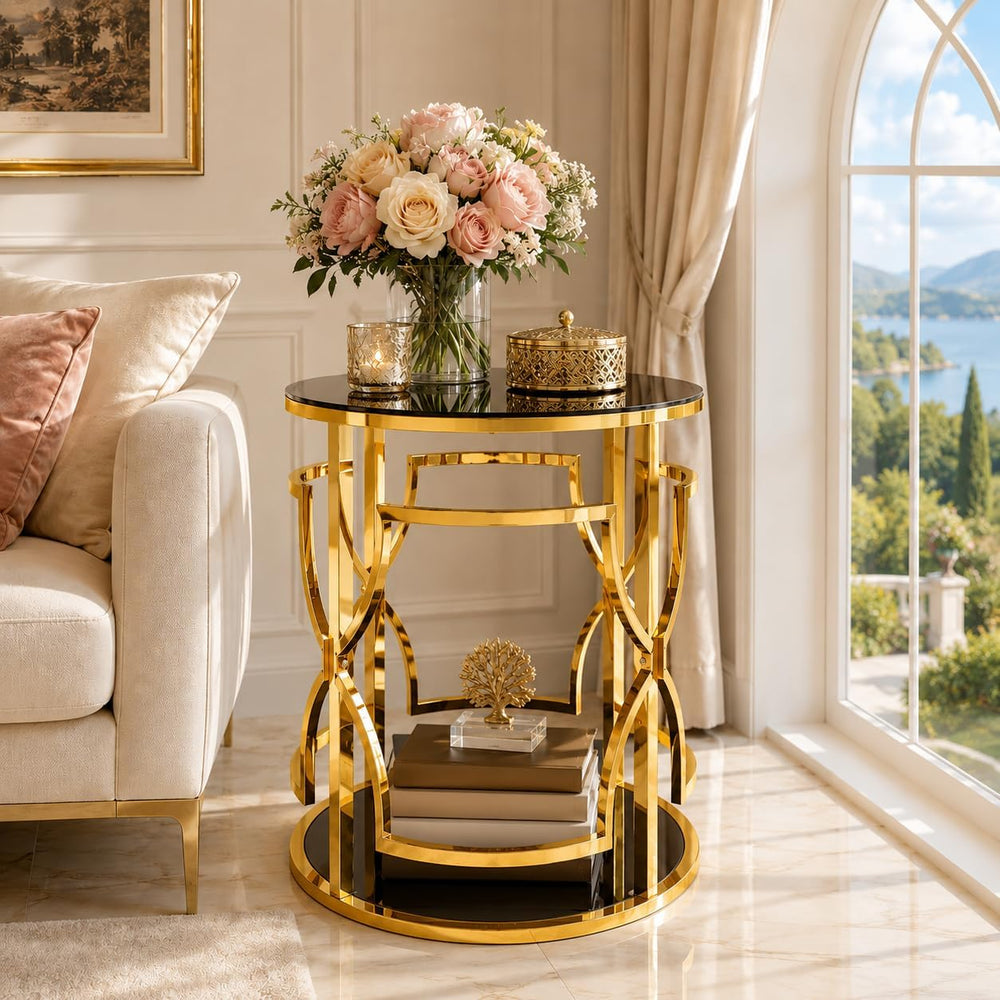 Merax 19.7" Round Gold Metal Side Table with Tempered Glass Top & 2-...