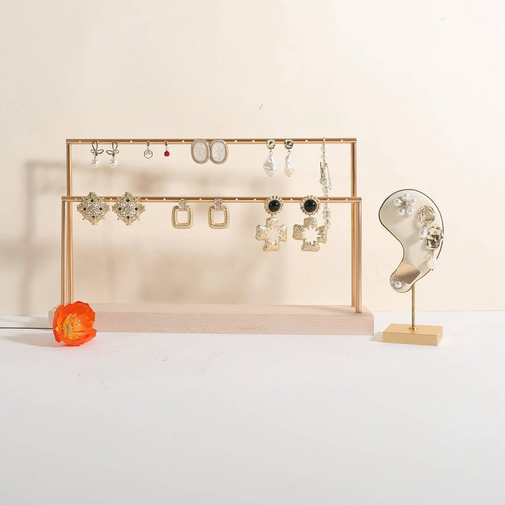 GemeShou wooden earring holder organizer for girls, maple stud earring display stand for boutique store, jewelry storage organizer shelf【maple stand-Two Tiers】
