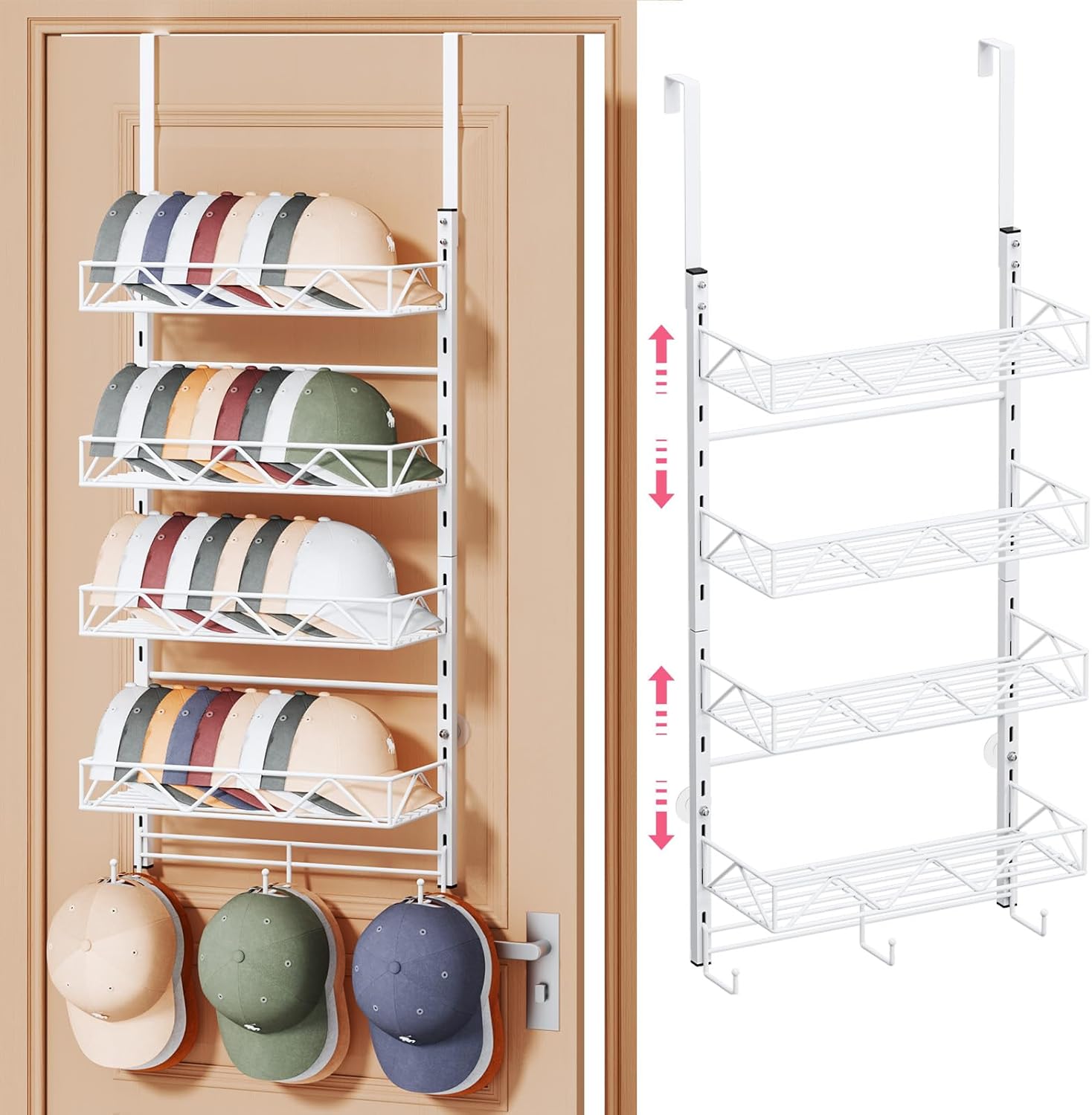 SWTYMIKI Over Door Hat Organizer - 5 Tier Wall Mounted Hat Rack with 4 Adjustable Metal Basket and 3 Hooks, Hanging Baseball Cap Organizer Storage Holds up to 49 Caps for Door, Bedroom, Closet