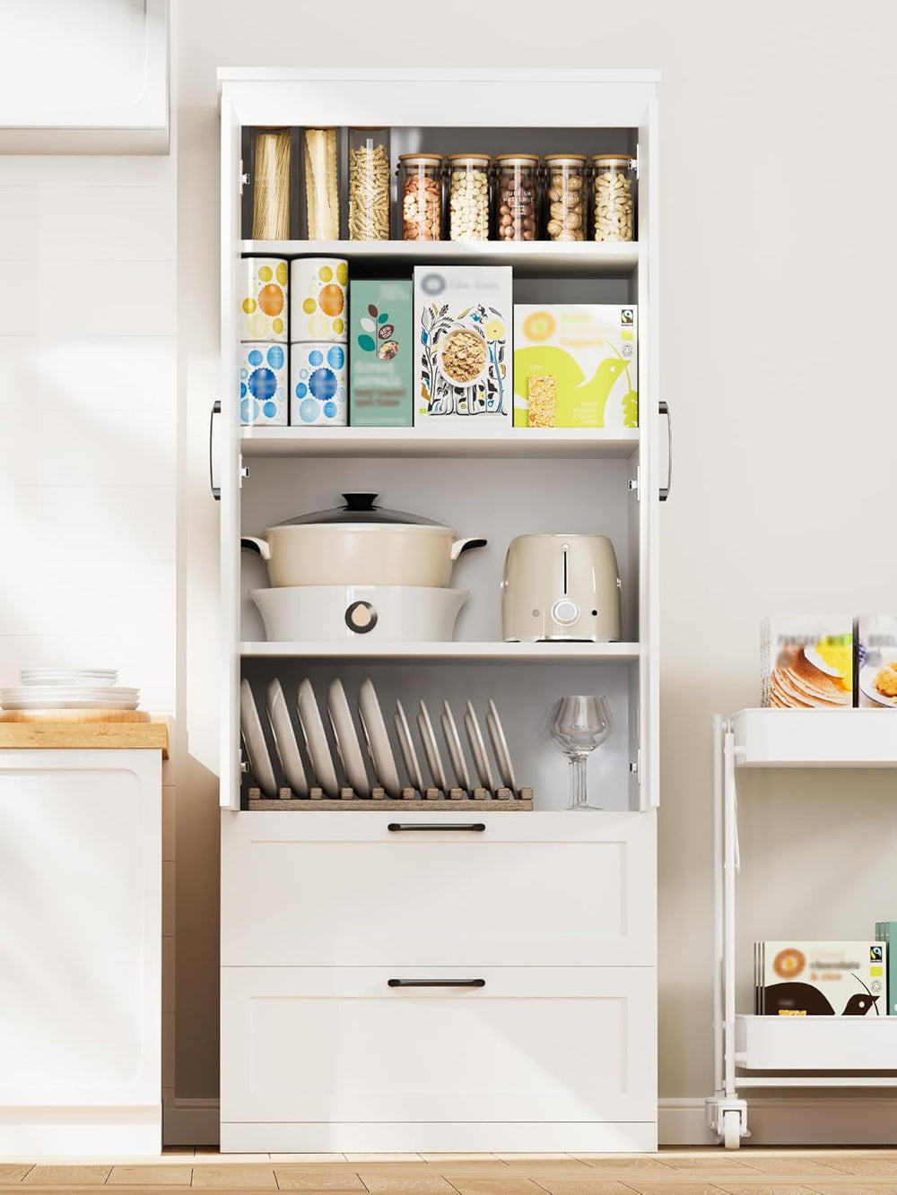 71” H Kitchen Pantry Cabinet, 4-Tier Farmhouse Storage Cabinet with Barn Door...