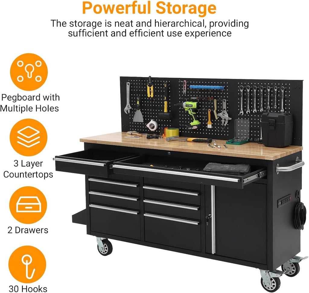 Rolling Tool Chest, 61 in Garage 10 Drawers Workbench Storage Tool Cabinet with Solid Rubber Wood Top, Power Strip, 1675 LBS Load Mobile Workstation, Heavy Duty Rolling Cabinet, Black