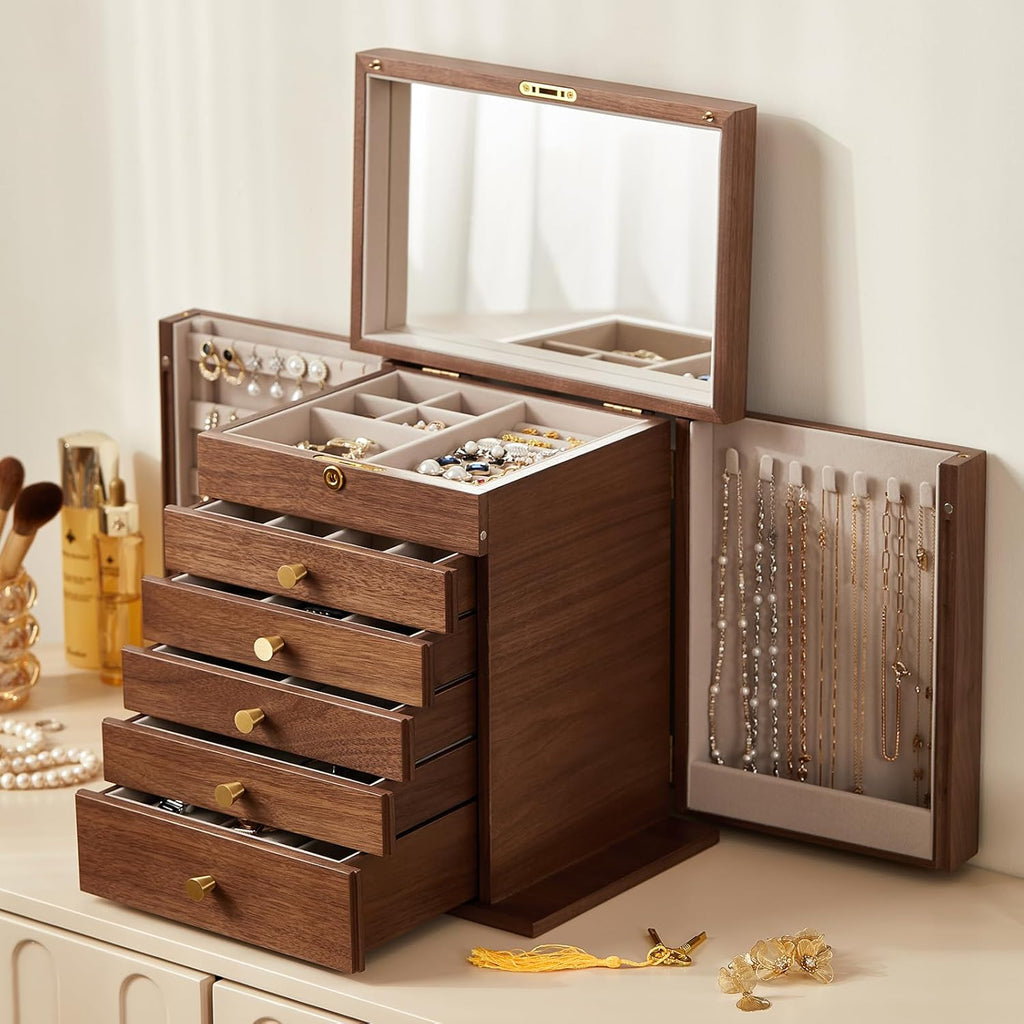 Black Walnut Wooden Jewelry Box, Wood Jewelry Organizer with 2 Side Doors Mirror Lockable Classical Style for Watch Necklace Ring Earring Storage Christmas Gifts-6 Layer