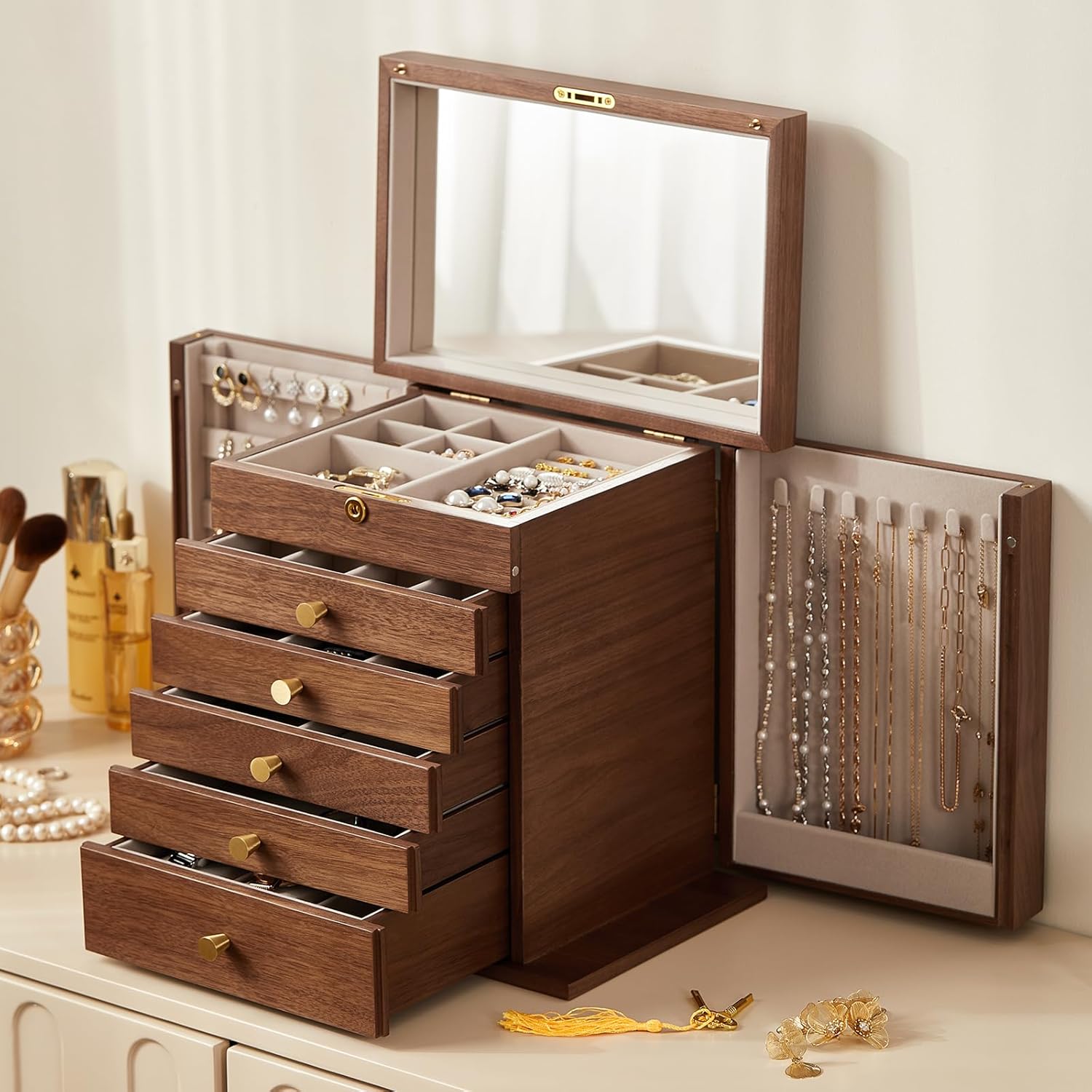 Black Walnut Wooden Jewelry Box, Wood Jewelry Organizer with 2 Side Doors Mirror Lockable Classical Style for Watch Necklace Ring Earring Storage Christmas Gifts-6 Layer