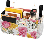 Pink Yellow Roses and Butterflies Bedside Caddy for Dorm Bed Bedside Hanging Caddy Bag Iron Frame Storage Organizer Pocket for Bunk Home College Hospital Beds 2 Hooks