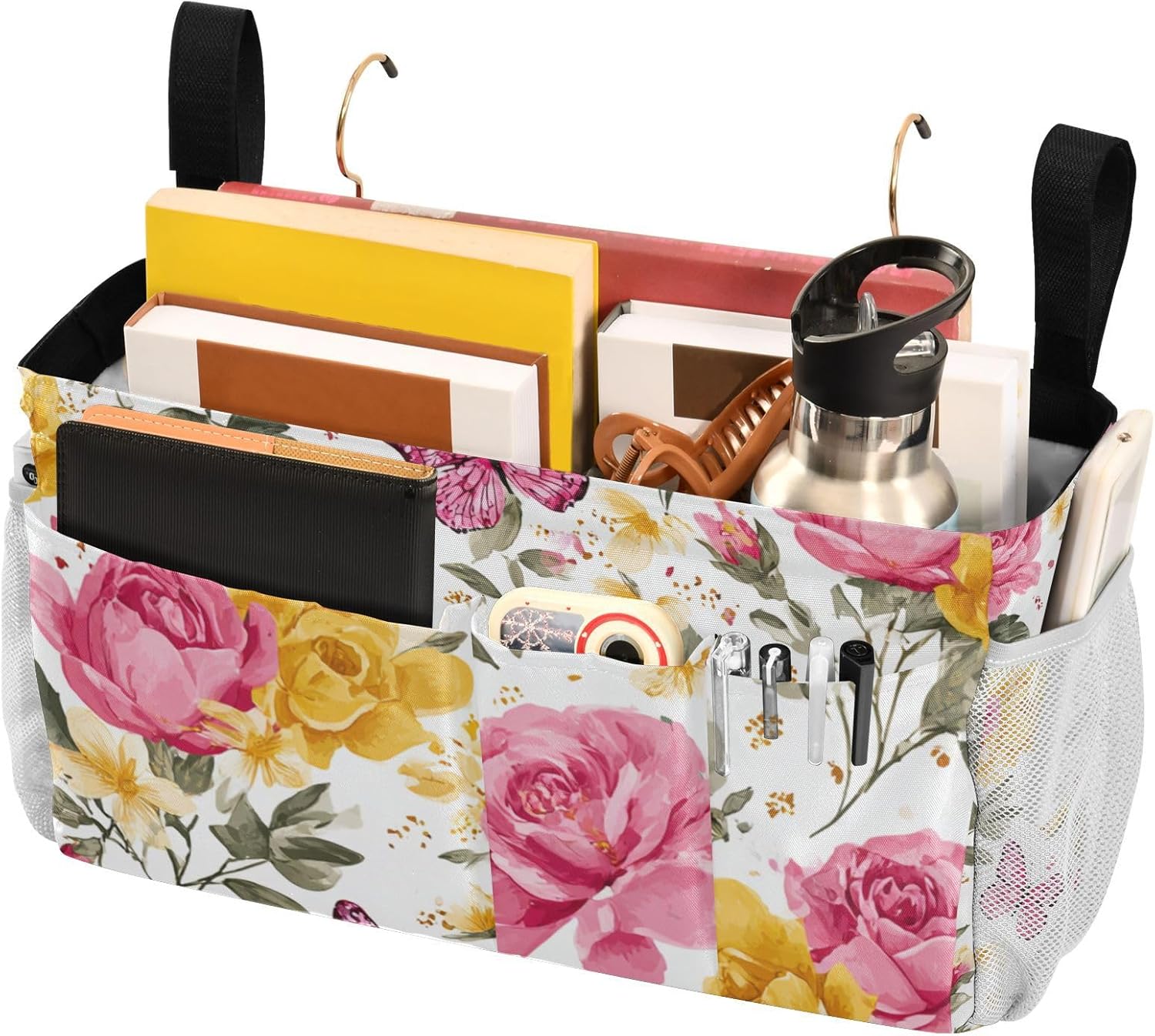 Pink Yellow Roses and Butterflies Bedside Caddy for Dorm Bed Bedside Hanging Caddy Bag Iron Frame Storage Organizer Pocket for Bunk Home College Hospital Beds 2 Hooks