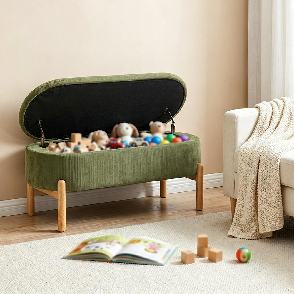 Storage Bench Ottoman With Hidden Storage And Corduroy Fabric, Green | Oval U...
