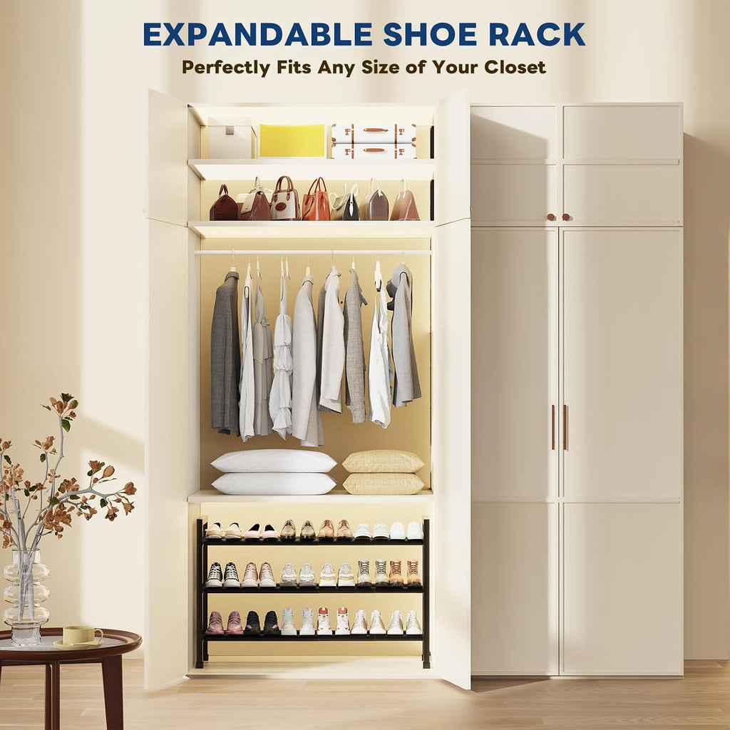 Mavivegue 19“- 43” Adjustable Shoe Rack, 3 Adjustable Length, 3 Tier Expandable Shoe Rack for Closet, Entryway, Shoe Shelf, Black