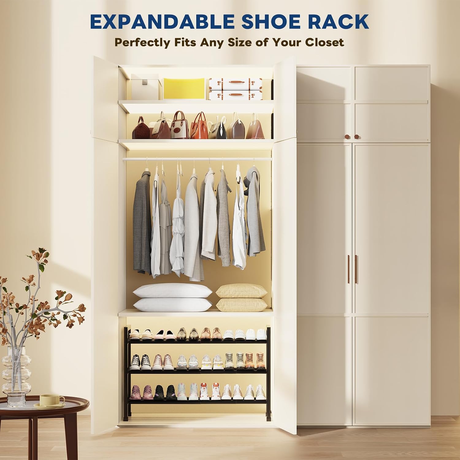 Mavivegue 19“- 43” Adjustable Shoe Rack, 3 Adjustable Length, 3 Tier Expandable Shoe Rack for Closet, Entryway, Shoe Shelf, Black
