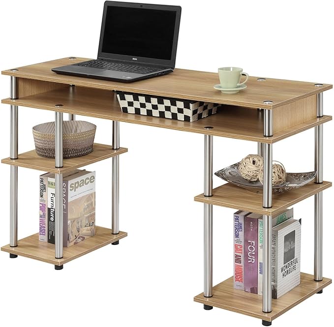 Convenience Concepts Designs2Go No Tools Desk Home Office Desk with Shelves, Corner Shelf Vanity Desk Computer Desk Nail Table for Nail Tech - 47.25" L x 15.75" W x 30" H, Light Oak