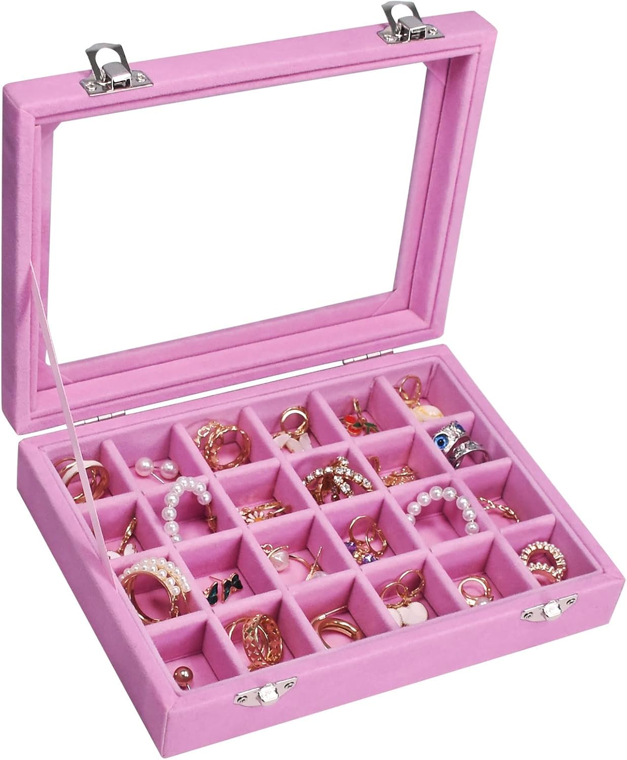 Vicoter Velvet Jewelry Box 24 Grid Jewelry Ring Display Organiser Box Tray Holder Earrings Storage Case for Girls Wife Mom Women (Pink)