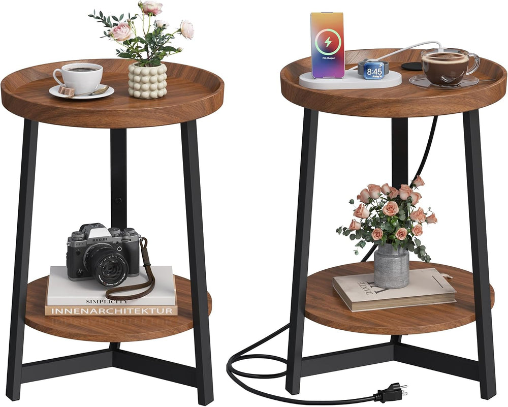2-Tier Round End Table with Charging Station and Industrial Sofa Side Table,R...