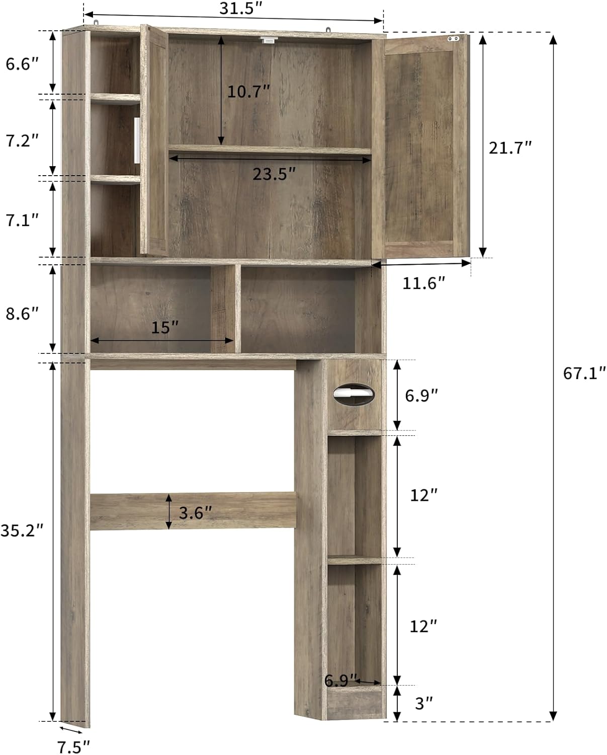 Winkalon Over The Toilet Storage Cabinet with 2 Barn Doors and Adjustable Shelves, Freestanding Toilet Shelf Organizer with Toilet Paper Holder, Space Saver for Bathroom, Restroom, Laundry (Wood)