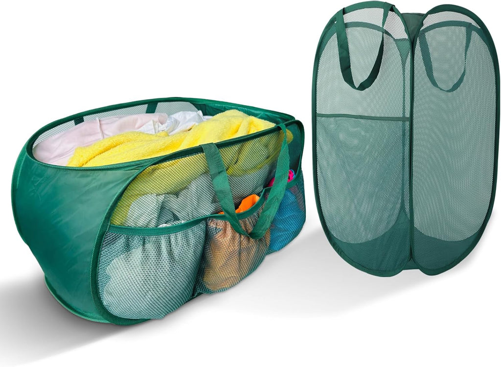 Collapsible Laundry Basket 2 pack, Mesh Pop Up Laundry Hampers with Handles, Anti-tear, Light Breathable, Odor-free, Fold Compact, Large Hold Portable Travel Laundry Bag for Home Bin, Green. H+V