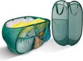 Collapsible Laundry Basket 2 pack, Mesh Pop Up Laundry Hampers with Handles, Anti-tear, Light Breathable, Odor-free, Fold Compact, Large Hold Portable Travel Laundry Bag for Home Bin, Green. H+V