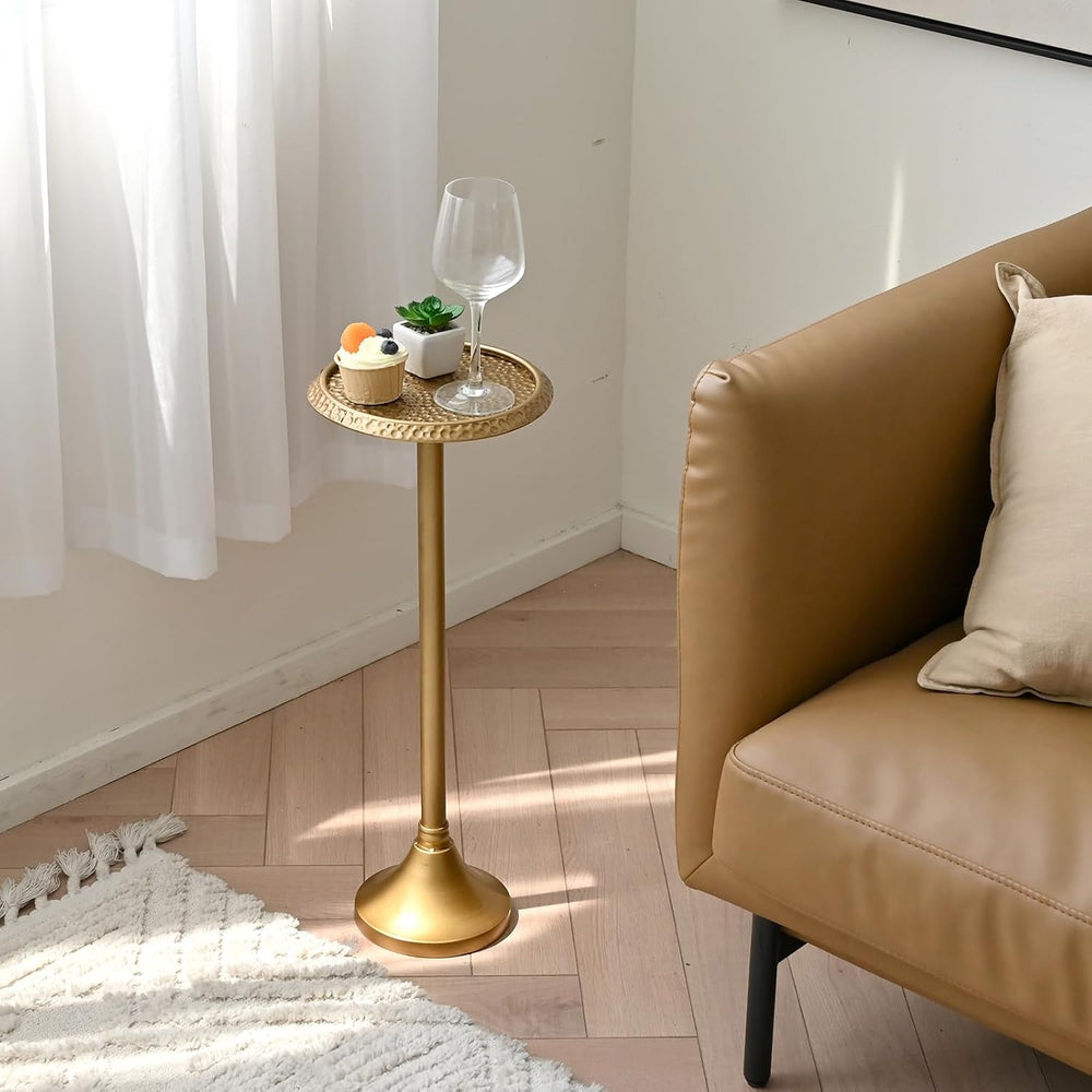 Antique Gold Drink Table – Hammered Metal Side Table for Small Spaces | Round...