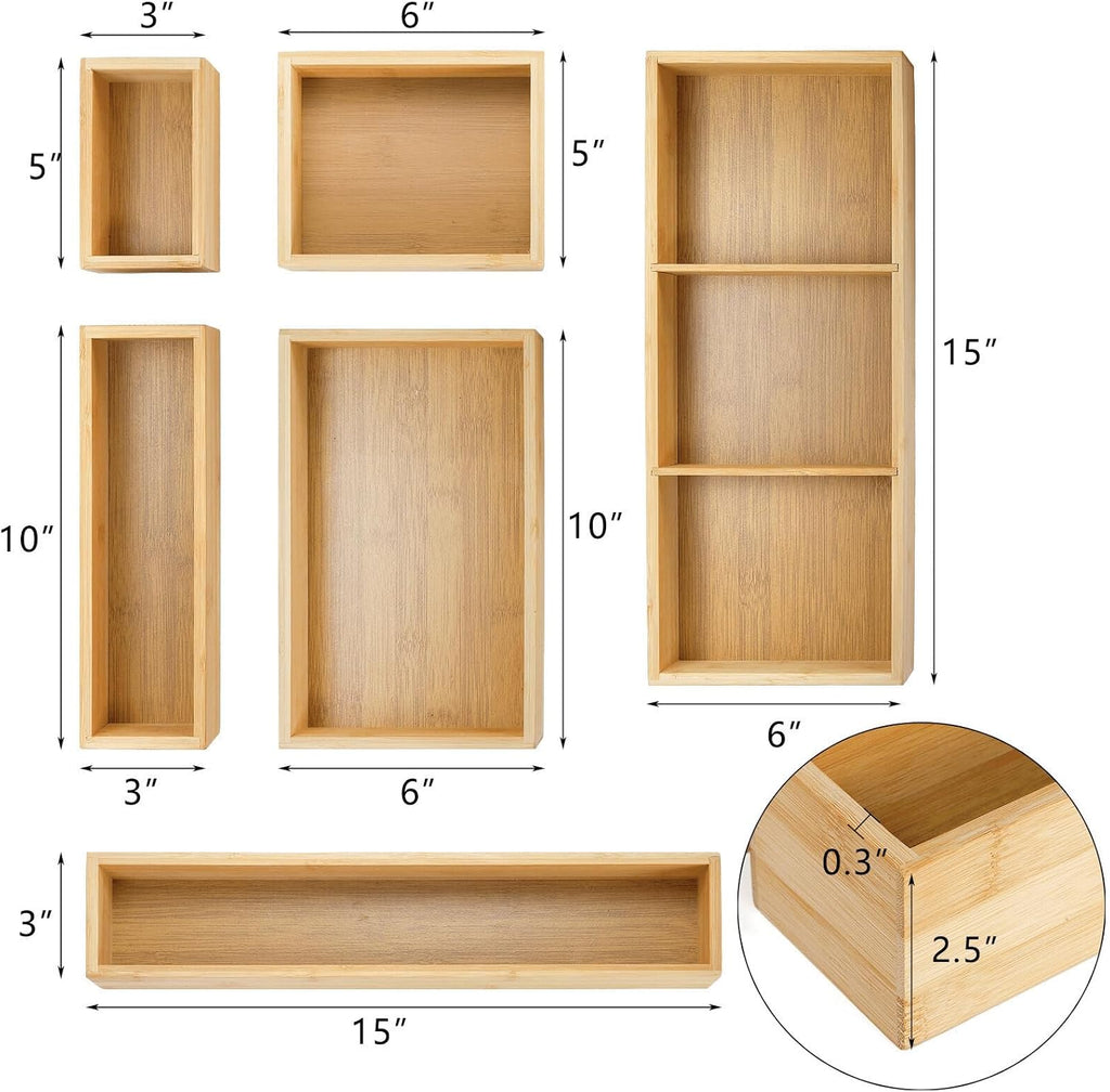 Youeon Set of 6 Bamboo Drawer Organizer Storage Box, Adjustable Cutlery Drawer Organizer, Silverware Organizer Multi-Use for Office, Home, Kitchen, Bedroom, Bathroom