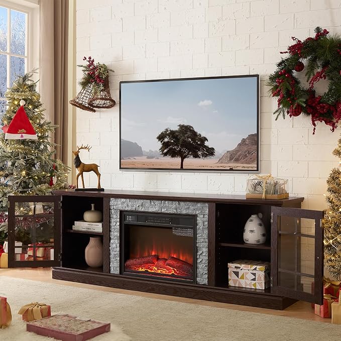 TV Stand with Electric Fireplace & Storage Cabinet, Entertainment Center with 2 Glass Door, Faux Stone Media Console Table for Living Room (Cherry,70" with Fireplace)