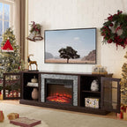 TV Stand with Electric Fireplace & Storage Cabinet, Entertainment Center with 2 Glass Door, Faux Stone Media Console Table for Living Room (Cherry,70" with Fireplace)