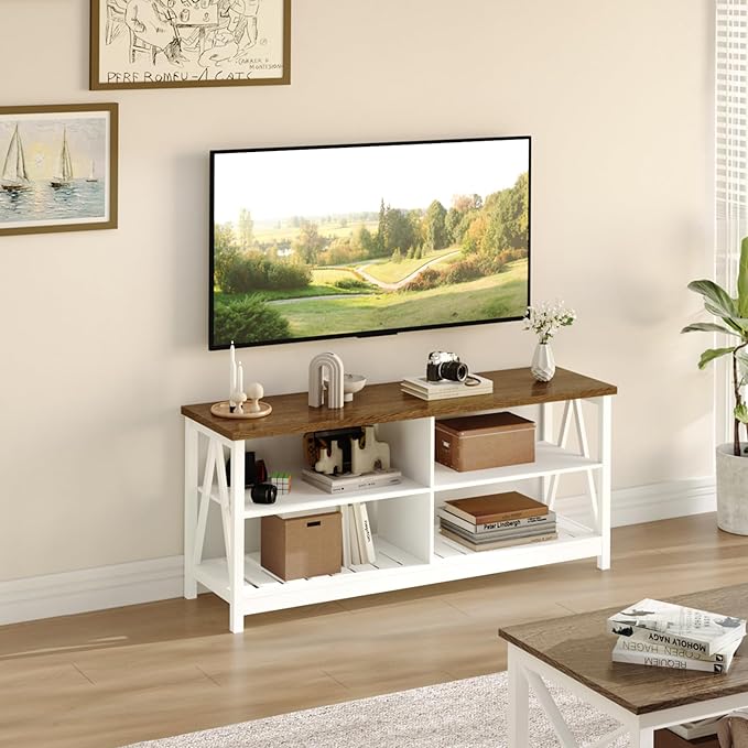 ChooChoo Farmhouse TV Stand for TVs up to 60 Inch, Modern Entertainment Center with 4 Open Shelves & Built-in Cable Holes, Media TV Console for Living Room, Bedroom, White