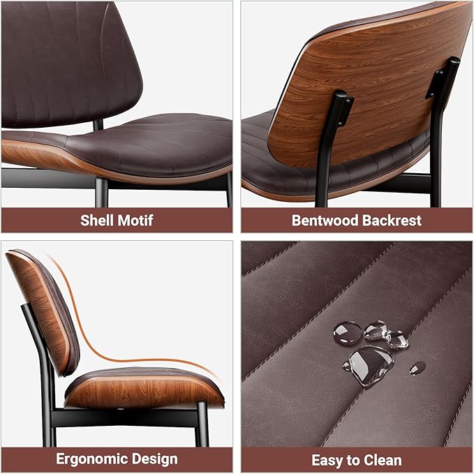 Dining Chairs Set of 8, Dining Room and Kitchen Chairs, Mid Century Modern Accent Chair, Upholstered PU Leather Chairs for Vanity with Walnut Bentwood and Metal Legs, Brown