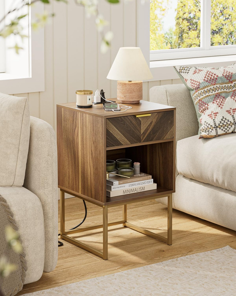 Nightstand with Charging Station,Modern Night Stand Boho Farmhouse Wood Bedsi...
