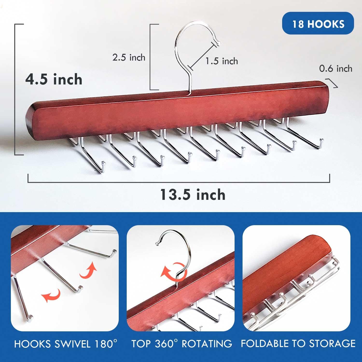 Tie Rack Hanger for Closet, Wooden Tie Hangers for Men with 18 Folding Hooks, Space Saving Tie Holder Neck Tie Organizer for Men Ties, Belts, Bras, Scarves, Tank Tops (Mahogany)