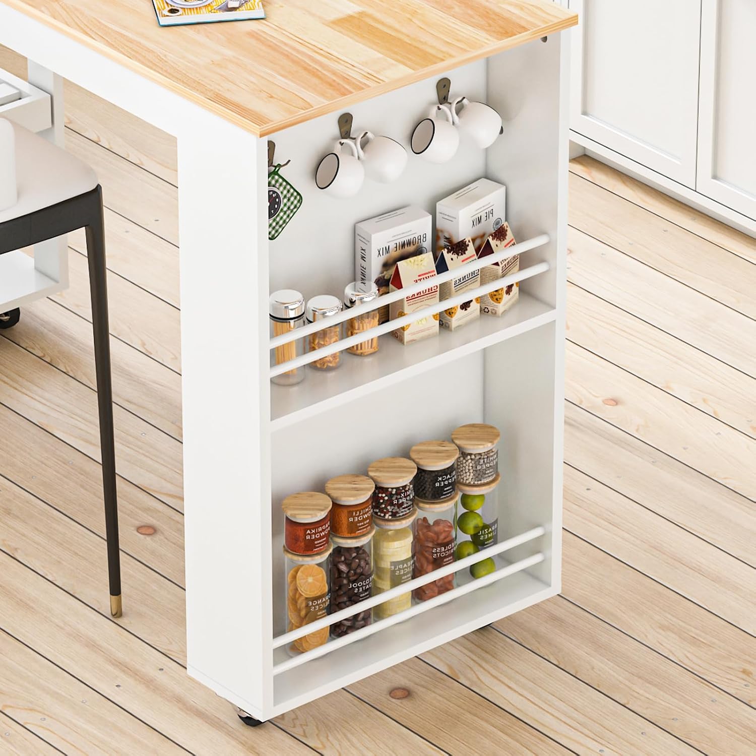 JassmiPkwy 78'' Rolling Kitchen Island with Extendable Dining Table for 4, Kitchen Islands on Wheels w/Pull Out Table, Drawer, 2-Tier Storage Shelf, Hooks, White