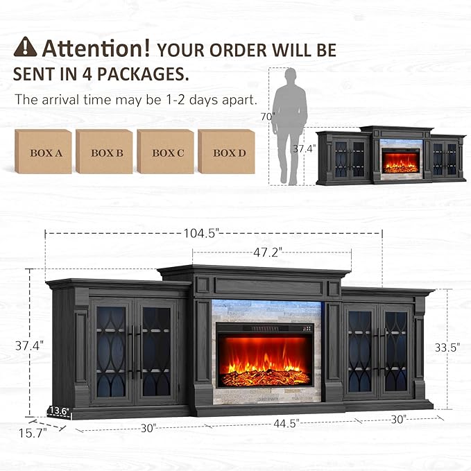 Naice 104" Fireplace TV Stand, Electric Fireplace Mantel with Large Cabinets Tempered Glass Doors, LED Light & Power Outlet, Media Entertainment Center with 30" Insert Heater for Living Room,Black