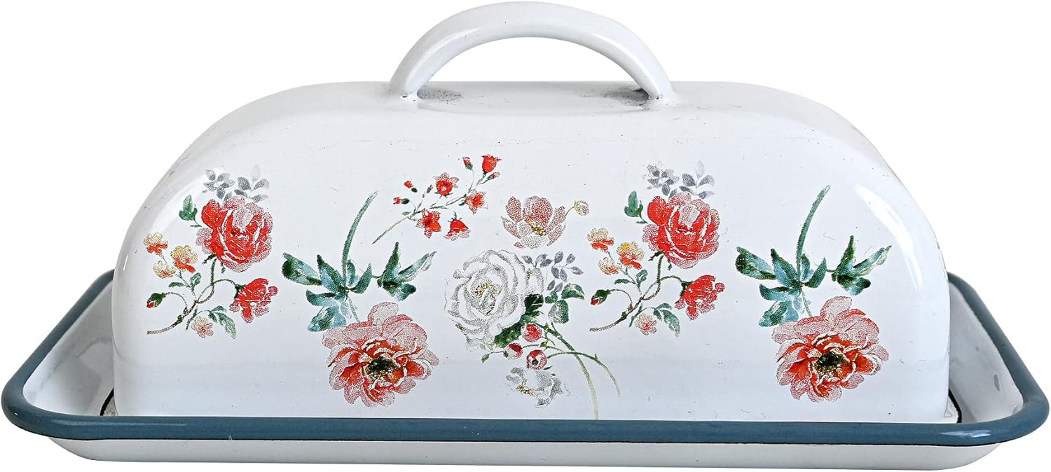 Enameled Farmhouse Vintage Butter Dish with Lid, 7.5 Inch Durable Kitchen Food Storage Container Rust-Resistant Refrigerator Safe,Vintage Decorative Design Kitchenware for Countertop