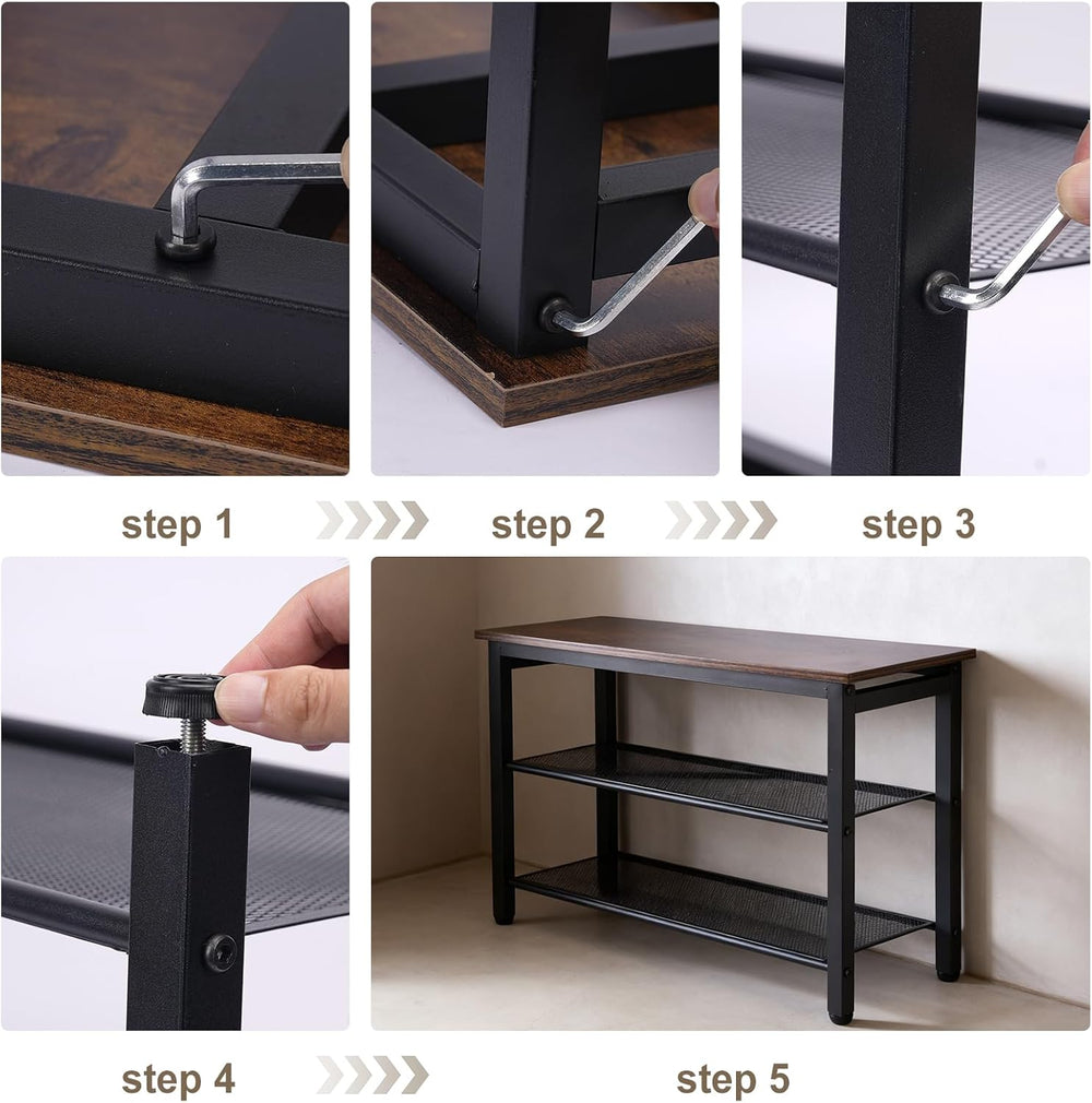 3-Tier Shoe Rack Bench, Industrial Shoe Organizer with Metal Mesh Shelves and...