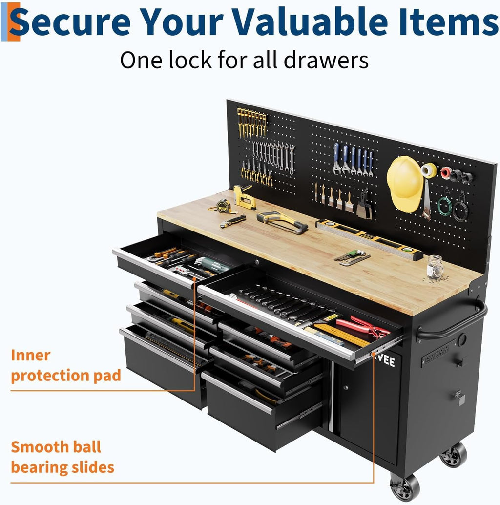 Garvee 60 in Rolling Tool Chest, 10 Drawers Mobile Garage Tool Cabinet | Heavy Duty 1750 LBS Load Workbench with Pegboard & Charging Station for Workshop, Black