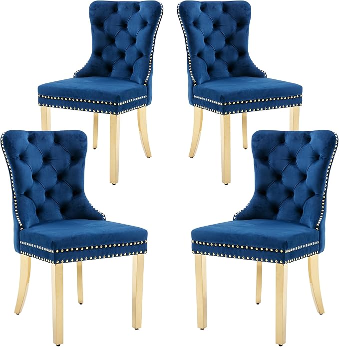 KCC Velvet Dining Chairs Set of 4, Upholstered High-end Tufted Dining Chair with Nailhead Back Ring Pull Trim Stainless Steel Legs, Contemporary Nikki Collection Modern Style for Kitchen, Blue