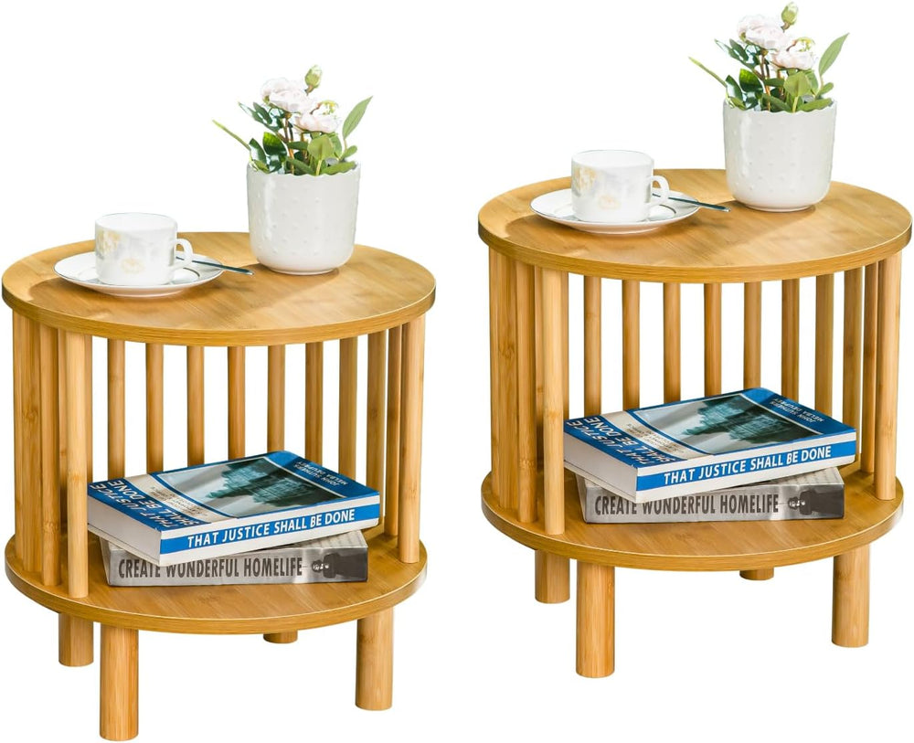 MFSTUDIO Bamboo Nightstand End Table Set of 2, Round 15.7" Bedside Table...