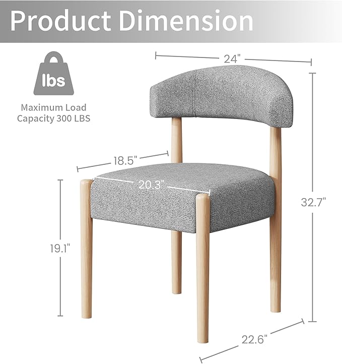 VKNOW Wooden Dining Chairs Set of 2, Modern Upholstered Dining Room Chairs with Rubberwood Legs and Curved Backrest, Fabric Kitchen Chairs for Farmhouse/Living Room/Dining Room, Gray
