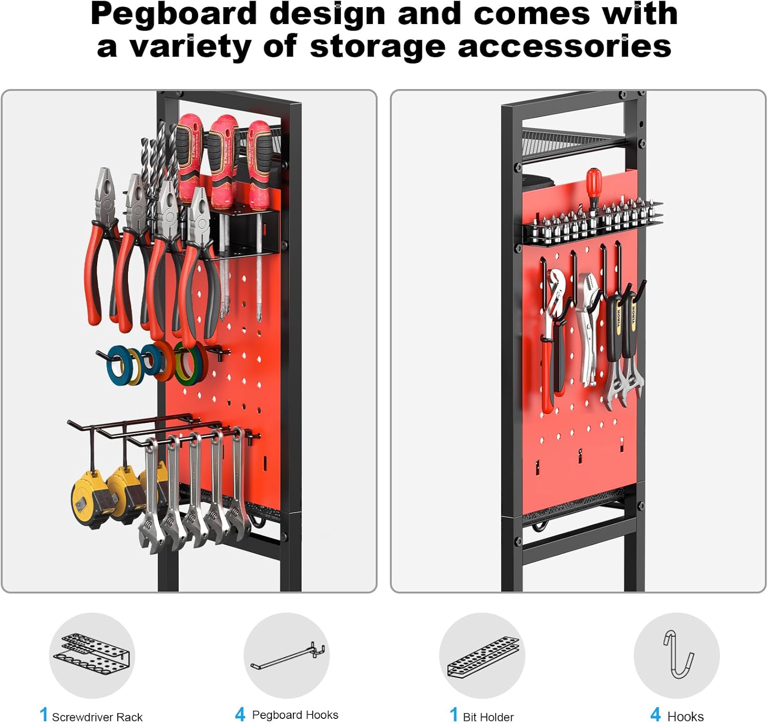 CCCEI Garage Power Tools Organizer Cart with Charging Station, Black Floor Standing Rolling Drill and Tools Battery Storage Cart on Wheels. Red Utility Rack Gift for Men, Husband, Father.
